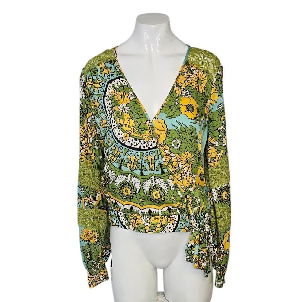 Anthropologie TINY Long-Sleeve Printed V-Neck Wrap Top Floral Lace Size Small